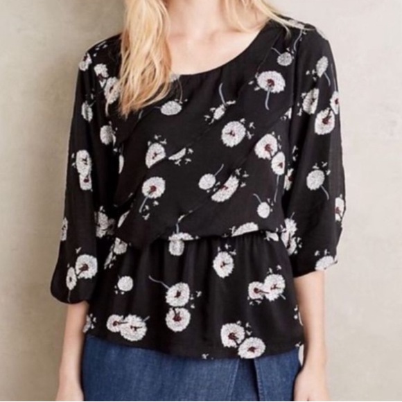 Anthropologie Deletta Black Wished Blooms Crewneck Open 3/4 Sleeve Blouse Top - Picture 4 of 9